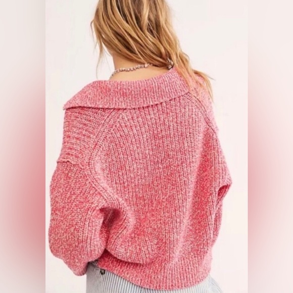 Free People Pink Collared Deep V Sweater L Marled Knit Pullover Boho Top - Picture 12 of 13